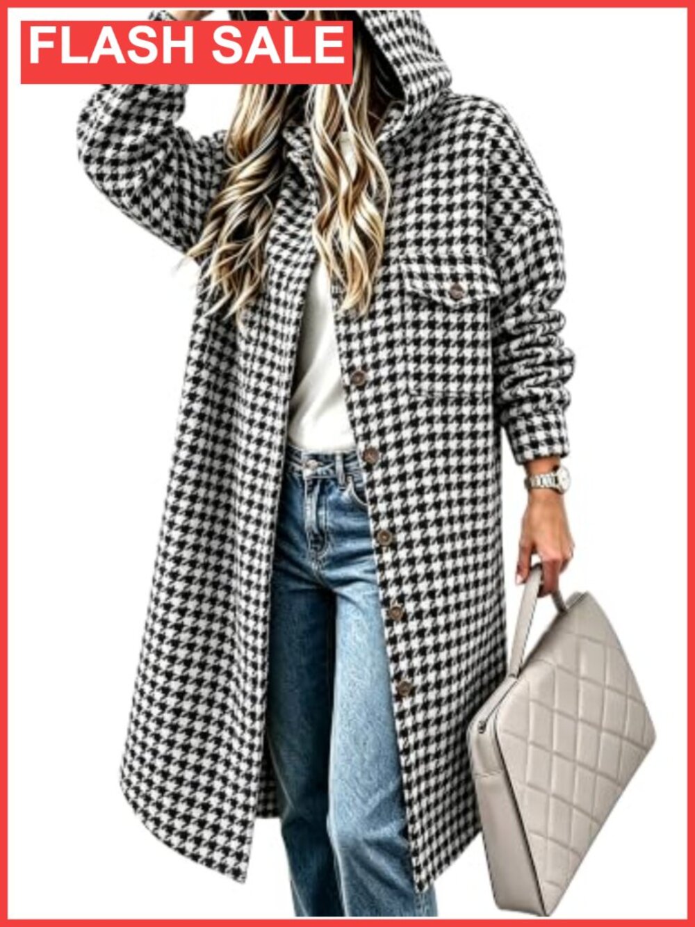 Womens Long Plaid Flannel Hooded Shacket Jacket Oversized Button Front